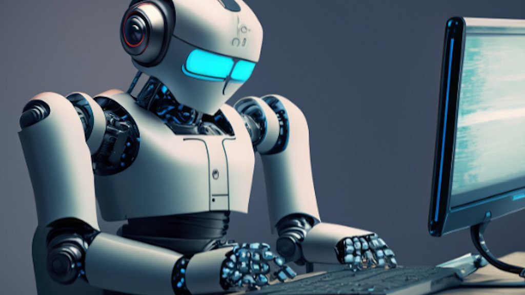 A robot AI writing on a keyboard